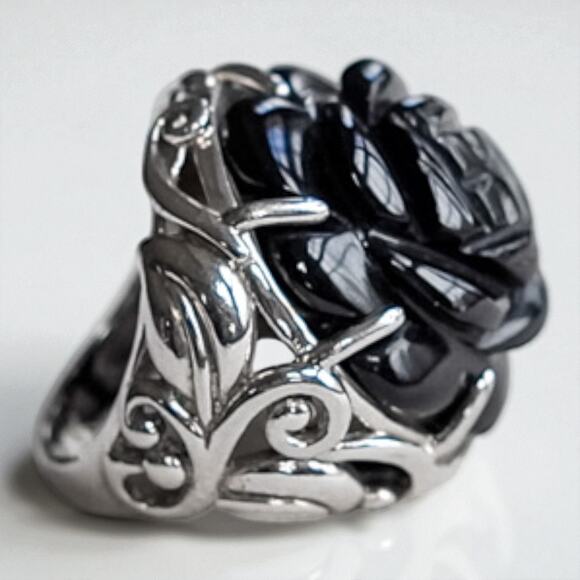Vintage 925 Silver Carved Black Onyx Rose Ring Size 5.75 Chunky Statement - Picture 5 of 10